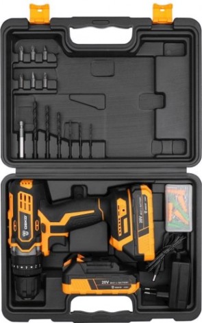 Дрель-шуруповерт аккумуляторная DEKO DKCD20 Impact SET 3 2.0Ahx2 63 tools + набор инструмента [063-4415]