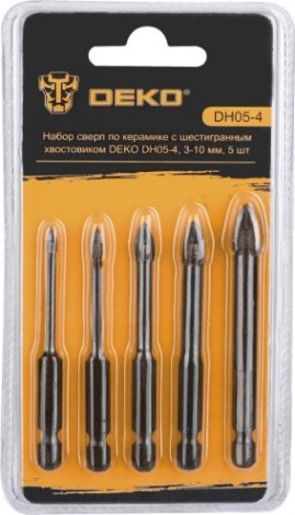 Набор сверл алмазных DEKO DH05-4 по керамике с шестигранным хвостовиком 3-10 мм, 5 [065-0535]