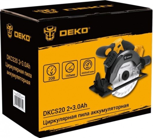 Пила циркулярная аккумуляторная DEKO DKCS20 2*3.0Ah 20в, 165мм [063-4024]
